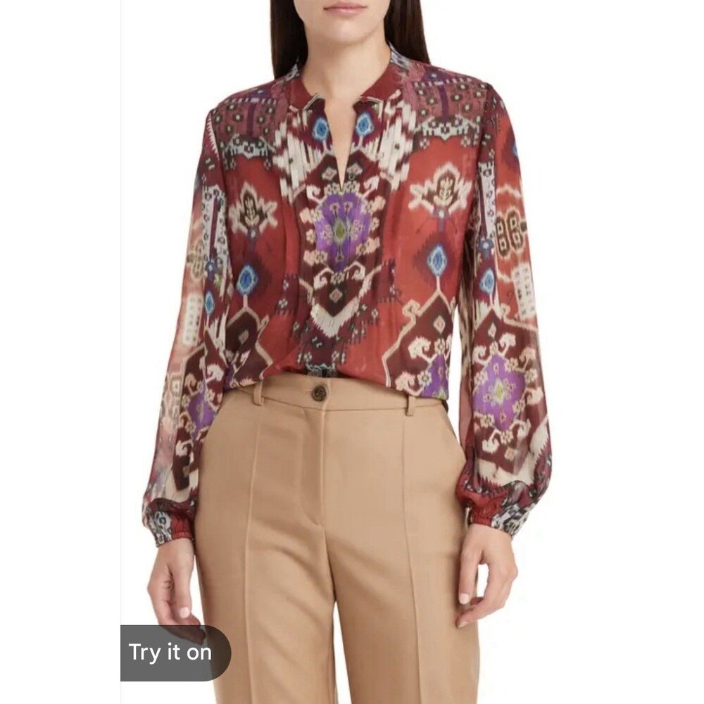 Kobi Halperin Blouse Women Small Red Sheer Long Sleeve Romance Career